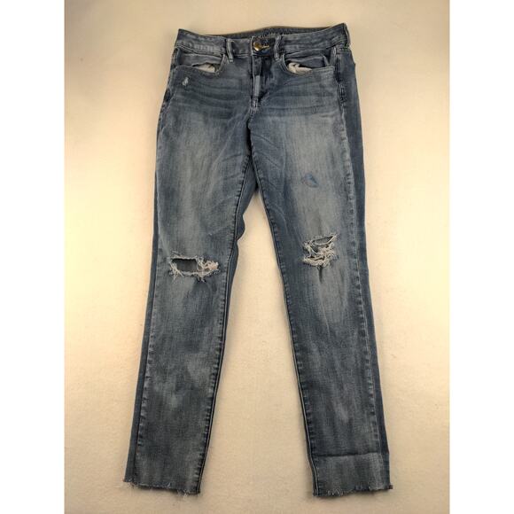 Womens American Eagle Outfitters Hi Rise Jeggings Size 6 Distressed Raw Hem Blue - Picture 1 of 12